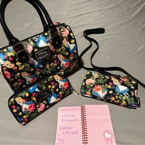RARE Disney Loungefly Alice Wonderland Flower HEART Matching Three Piece Set